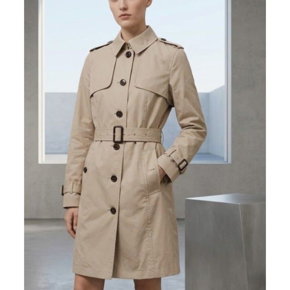 NWOT Banana Republic Size L Petite Beige Trench Coat Long Double Breasted Belted